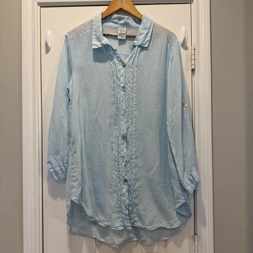 Match Point Linen Tunic Top Blouse Lagenlook Button Down Roll Tab XL